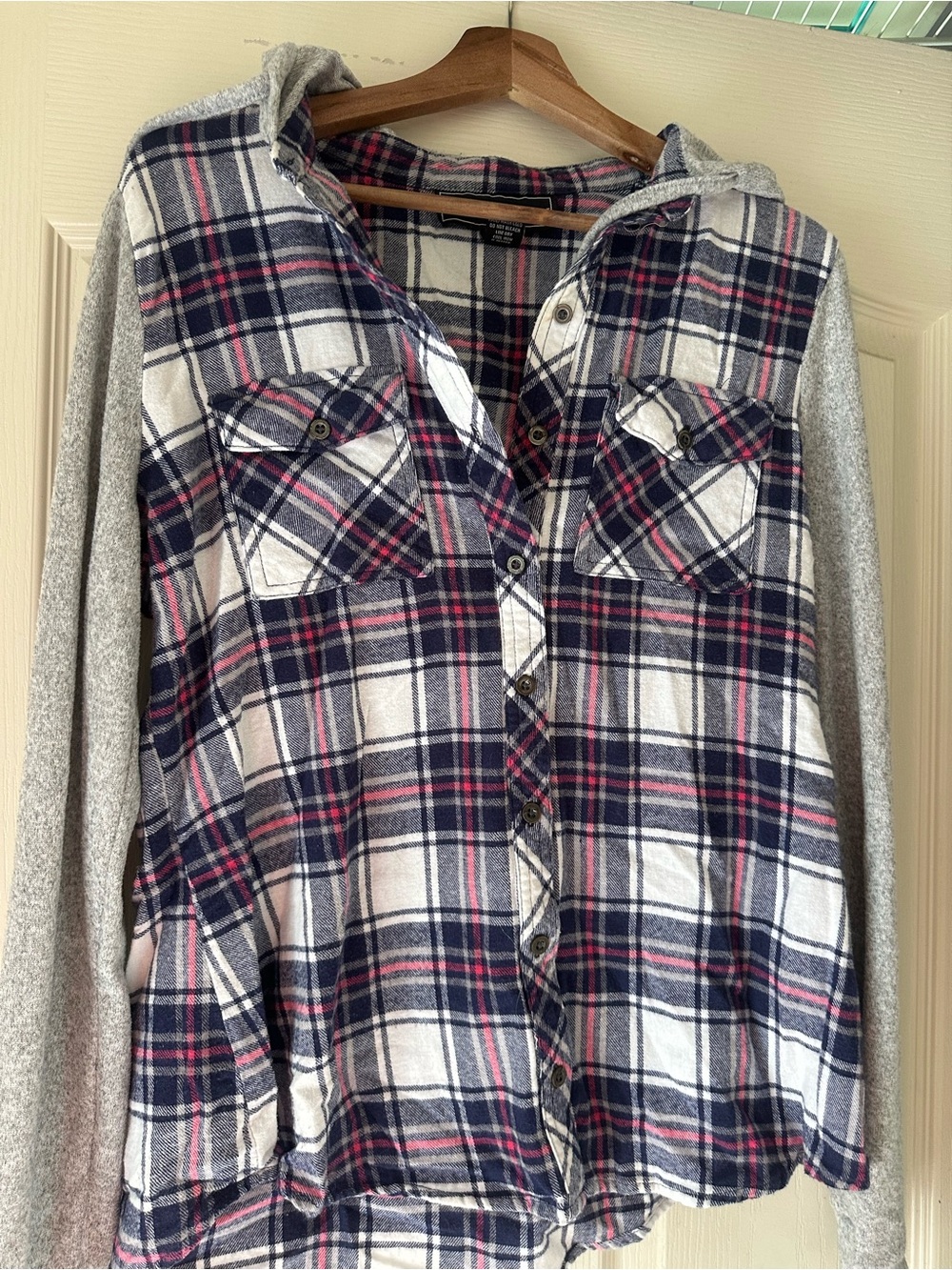 Plaid Hooded Button-Front Sweatshirt Jacket - Gray/Navy/Pink
